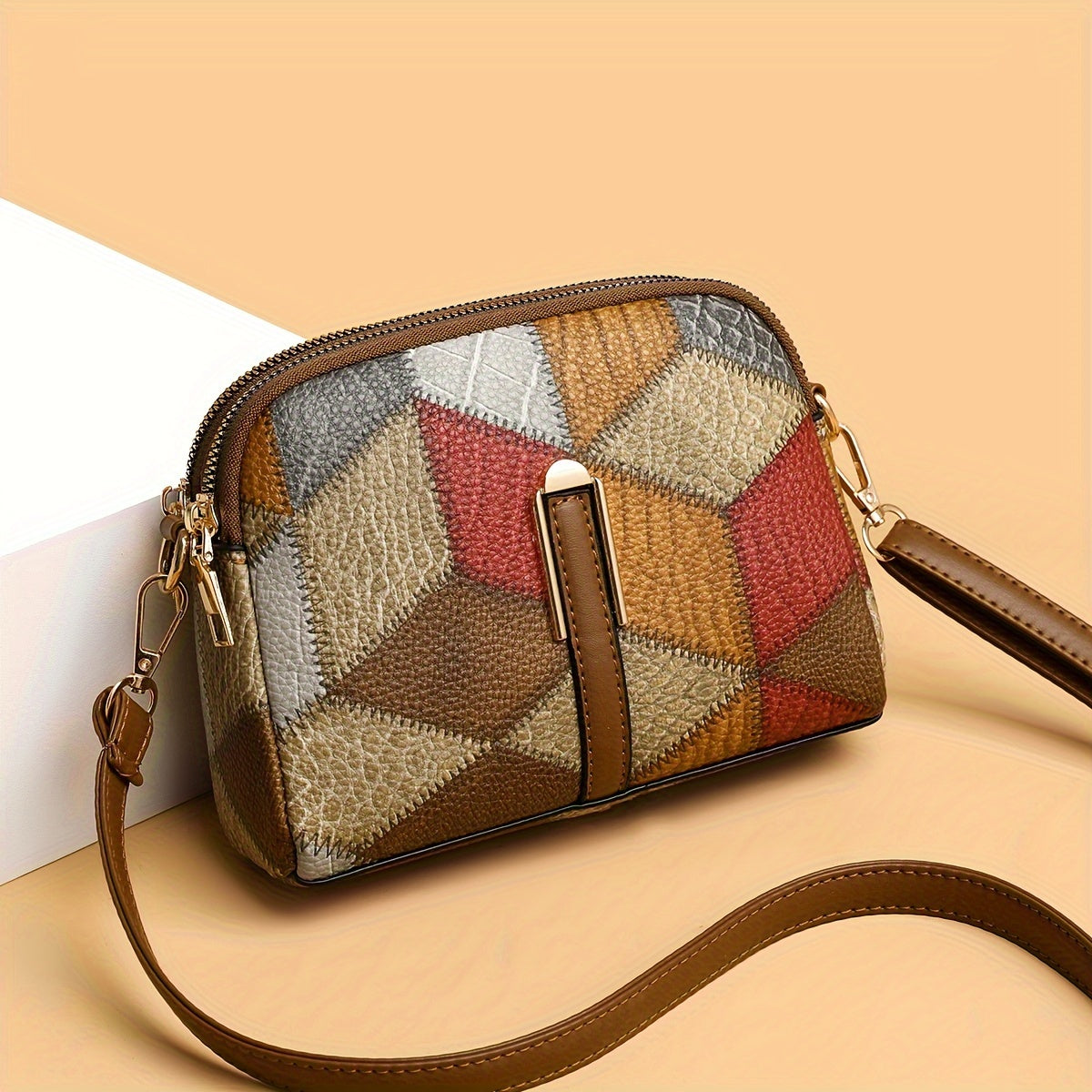 Colorblock crossbody bag featuring a retro rhombus pattern, ideal as a fashion shoulder bag for women.