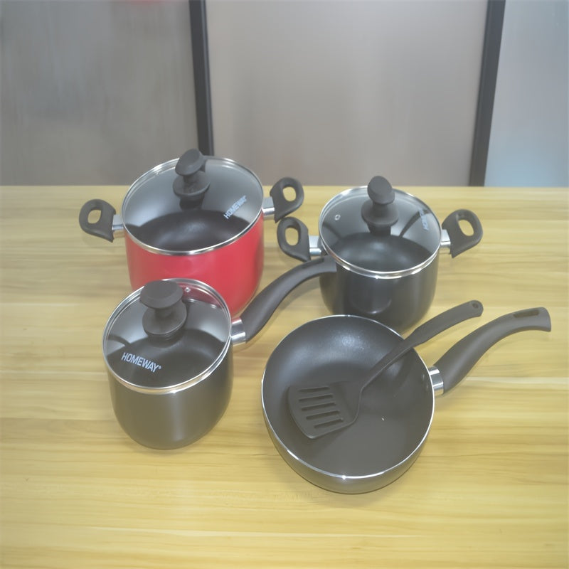 8-Piece Aluminum Cookware Set with Non-Stick Coating - Featuring a 24cm Fry Pan, 24cm Casserole Dish with Lid, 20cm Casserole Dish with Lid, 18cm Saucepan with Lid, and Nylon Turner