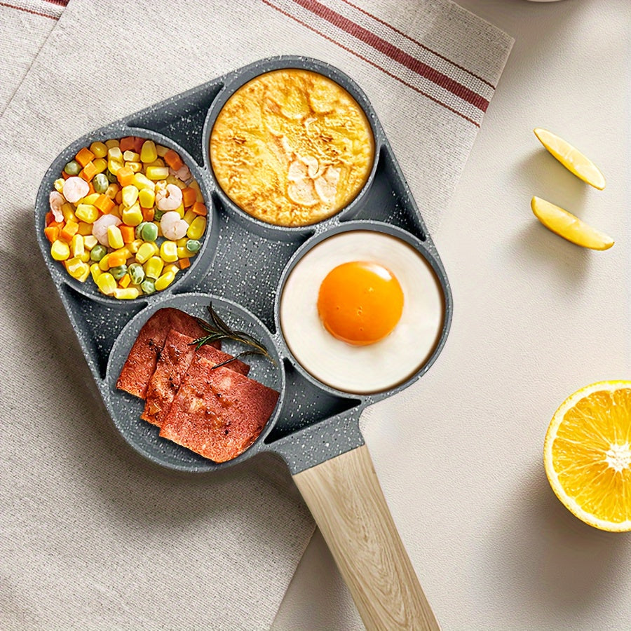 This Non-Stick Egg Pan with a Wooden Handle is perfect for cooking breakfast items like eggs and burgers. The 4-cavity skillet is compatible with gas stoves and is dishwasher safe. Made of lightweight aluminum, this pan weighs 14.2 oz.