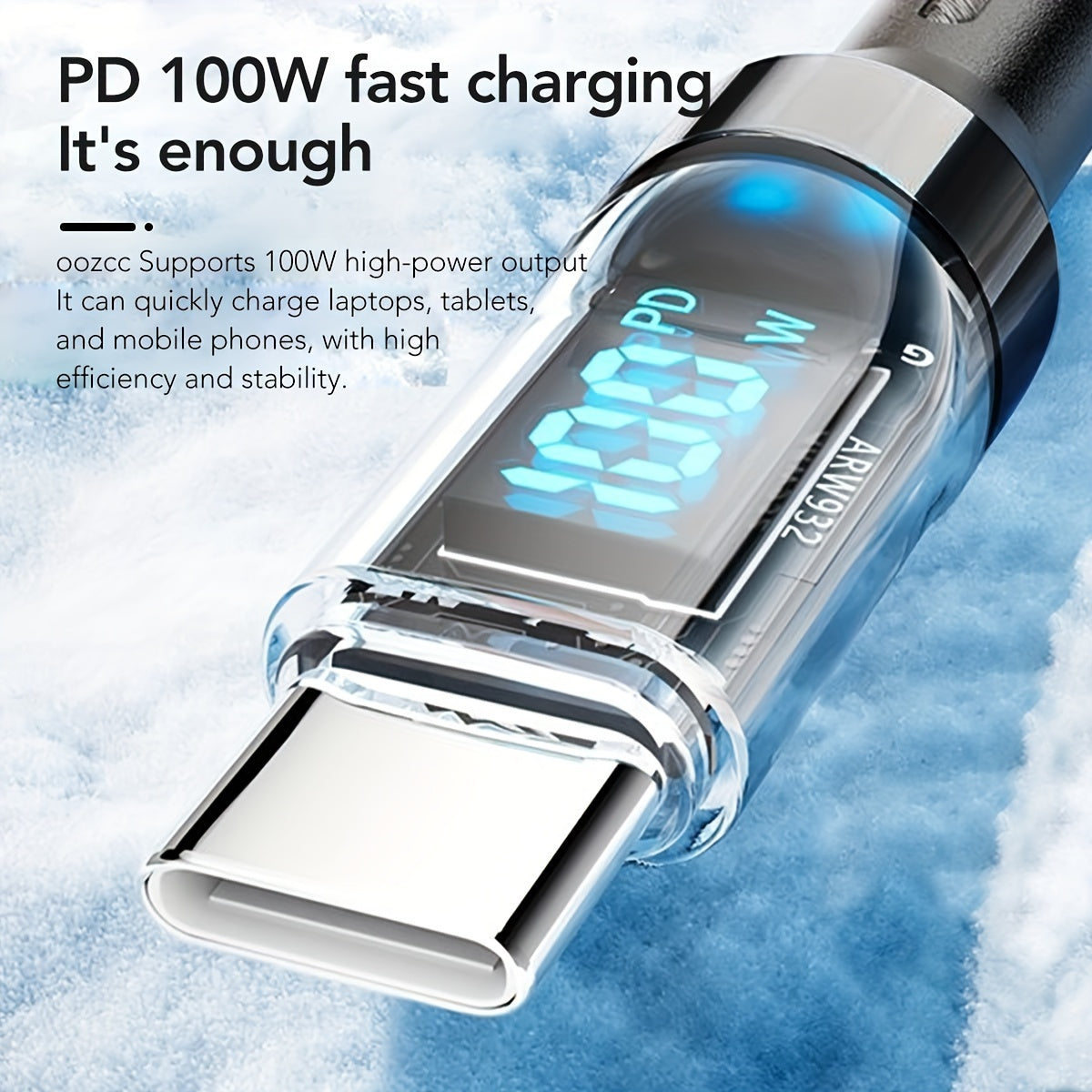 Speedy 100W USB Type C cable with LED display, PVC/Nylon construction, round shape, and fast charging capability for car use.