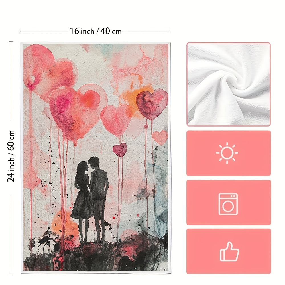 Set of 2 Romantic Balloon Illustrated Kitchen Towels - Made of Ultra Soft, Highly Absorbent Polyester, 40.64x60.96 cm, Easy to Clean in Washing Machine, Ideal for Adding a Touch of Love to Your Valentine's Day Decor, Perfect for Drying Dishes