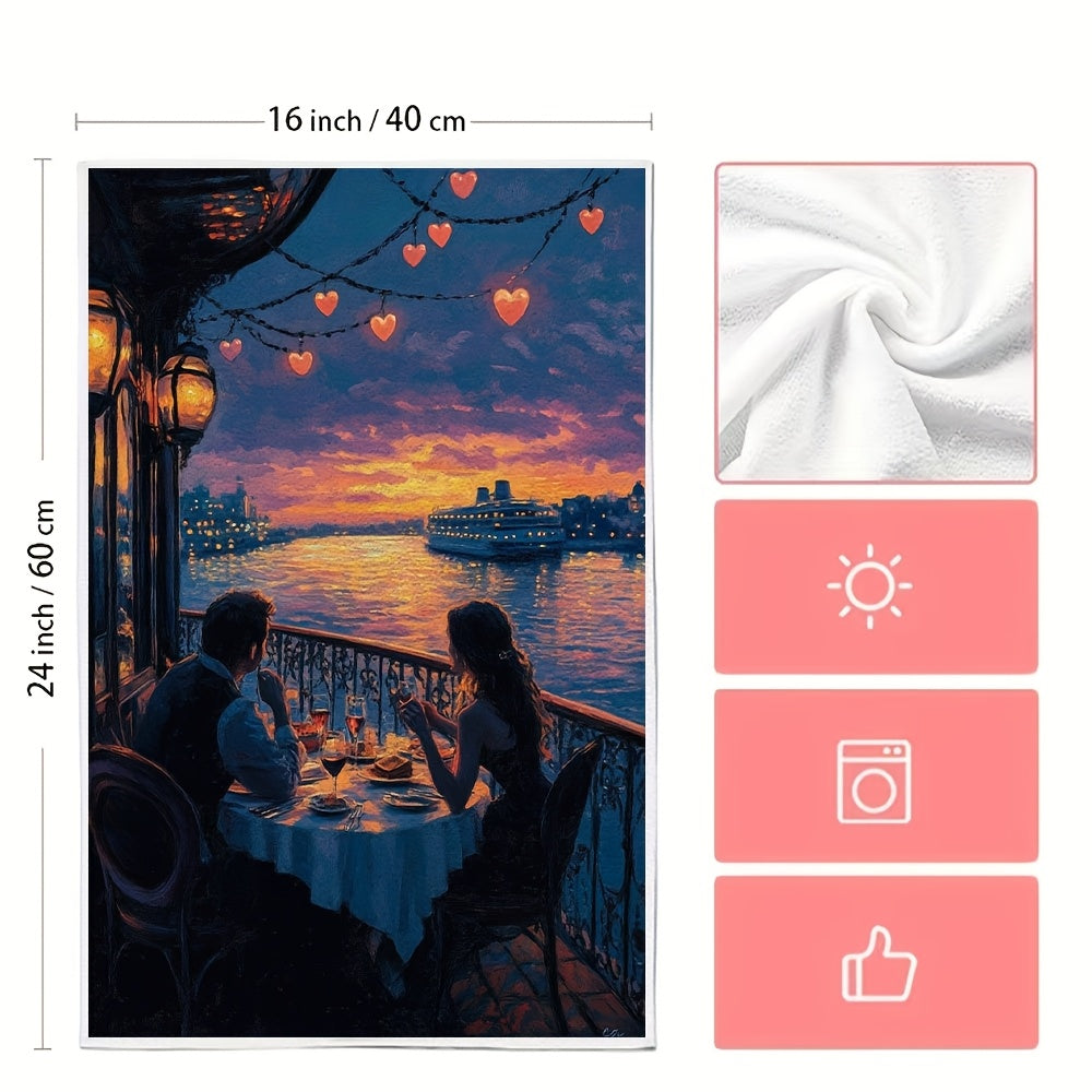 This set includes 2 ultra-soft kitchen towels with the artwork of a couple enjoying a dinner cruise. The scene depicts them dining at a table with a beautiful view, dancing to music, and surrounded by heart-shaped lights on the ship's railing. These