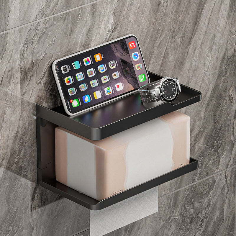 Toilet paper holder in black plastic with drawer, can be wall-mounted. Versatile organizer for bathroom and kitchen, doubles as storage rack. Does not require electricity. Ideal for hotels and includes bathroom accessories.