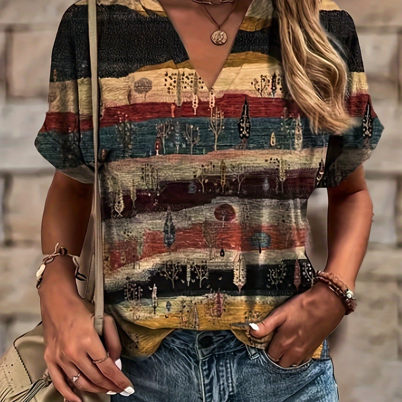 Women's Plus Size Boho Chic V-Neck T-Shirt - Summer Collection with Ethnic Print, Roll-Up Sleeves, Machine Washable, Polyester/Spandex Blend, Versatile Fashion with Asymmetrical Hemline and