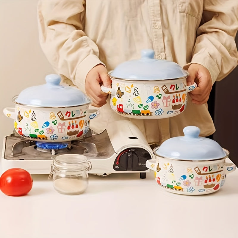 Enamel Pot: This cute cartoon instant noodle pot is a high-value soup pot for your home kitchen. Made from food-grade enamel porcelain, this double-ear pot is perfect for all your cooking needs.