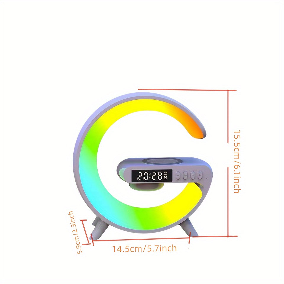 A multifunctional ambient lamp with wireless charging, sound system, RGB LED lights, time display, alarm clock, and TF card playback.