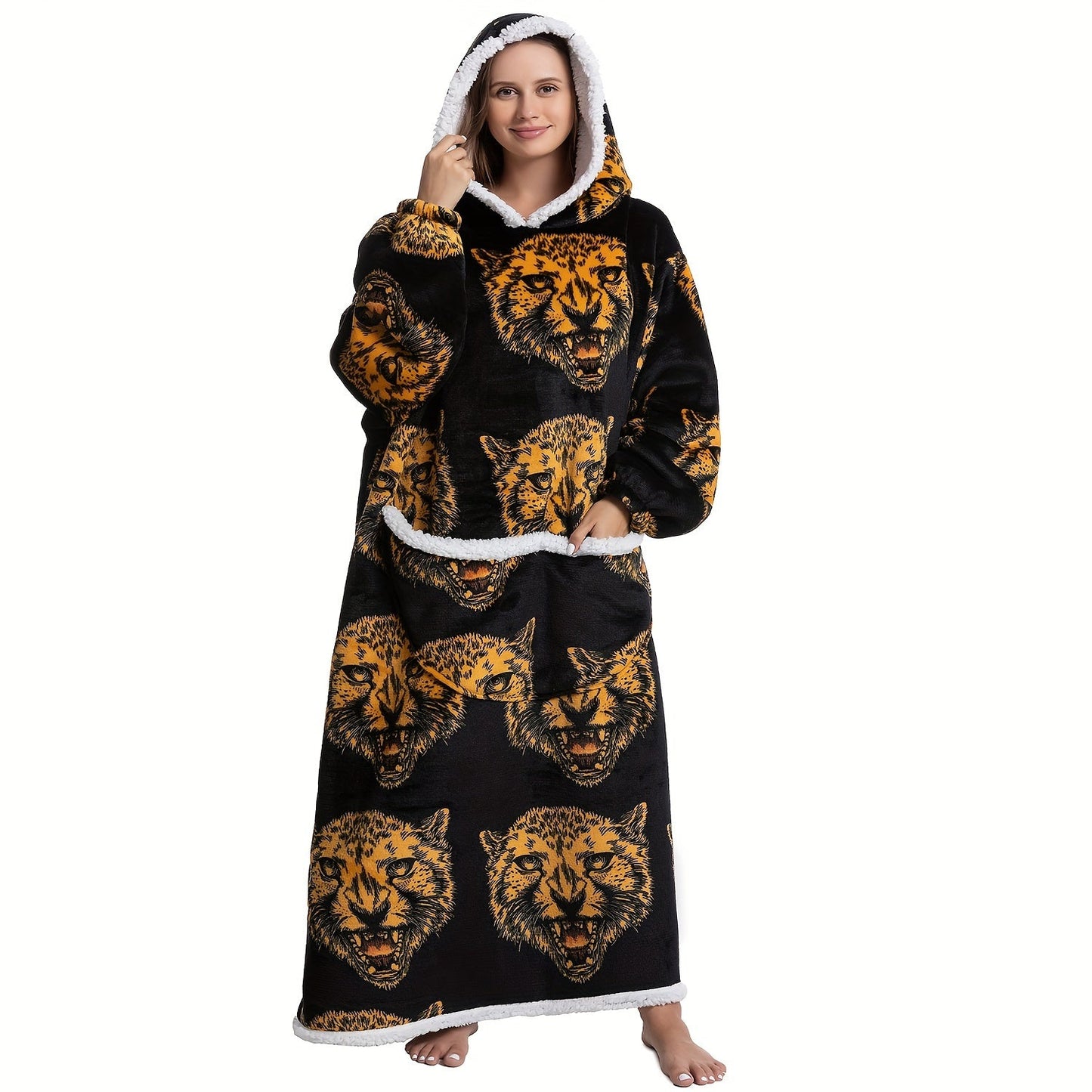 Stay warm and cozy in this Extra Long Wearable Blanket Hoodie featuring a Preppy Style Oversized Flannel design with Animal Print for Adults. Made with Polyester Knit Fabric, this Hand Wash Only Cozy Giant Hoodie is perfect for those chilly nights. 1pc