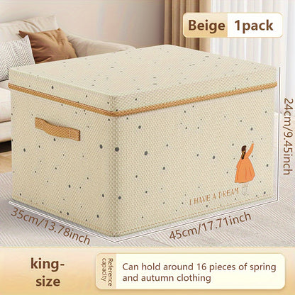 Stylish foldable fabric storage box with lid. Ideal for clothes, toys, and home organization in bedroom, living room, or dorm.