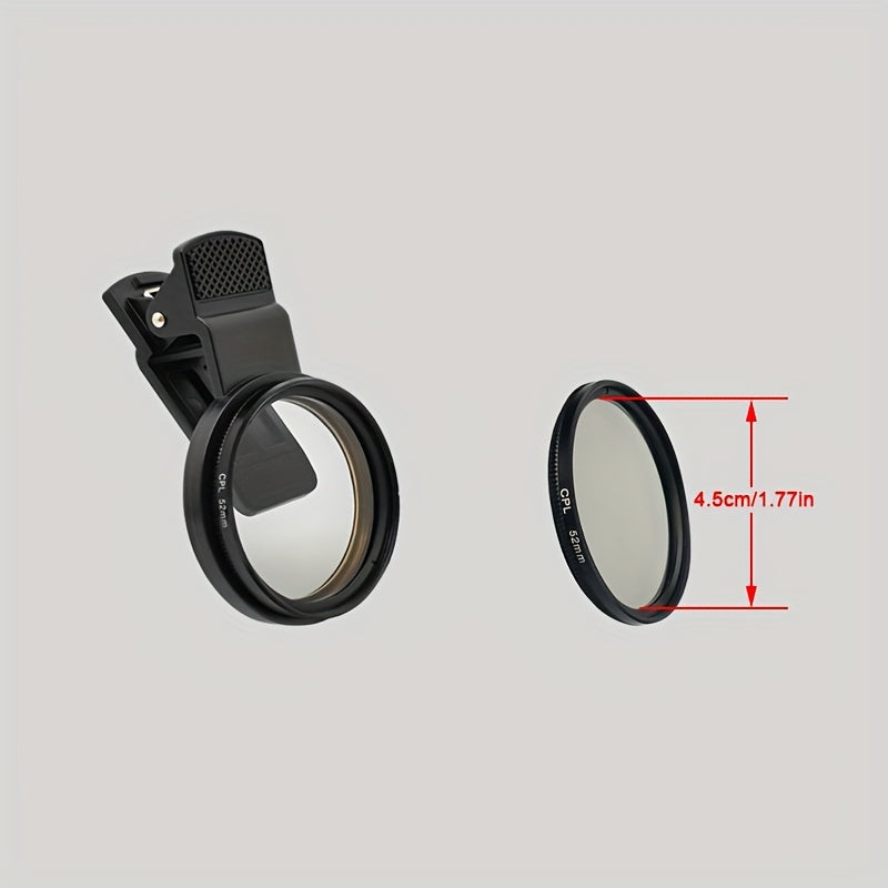 Universal CPL Polarizing Filter for smartphones and DSLR cameras reduces glare and reflections, compatible with various devices.