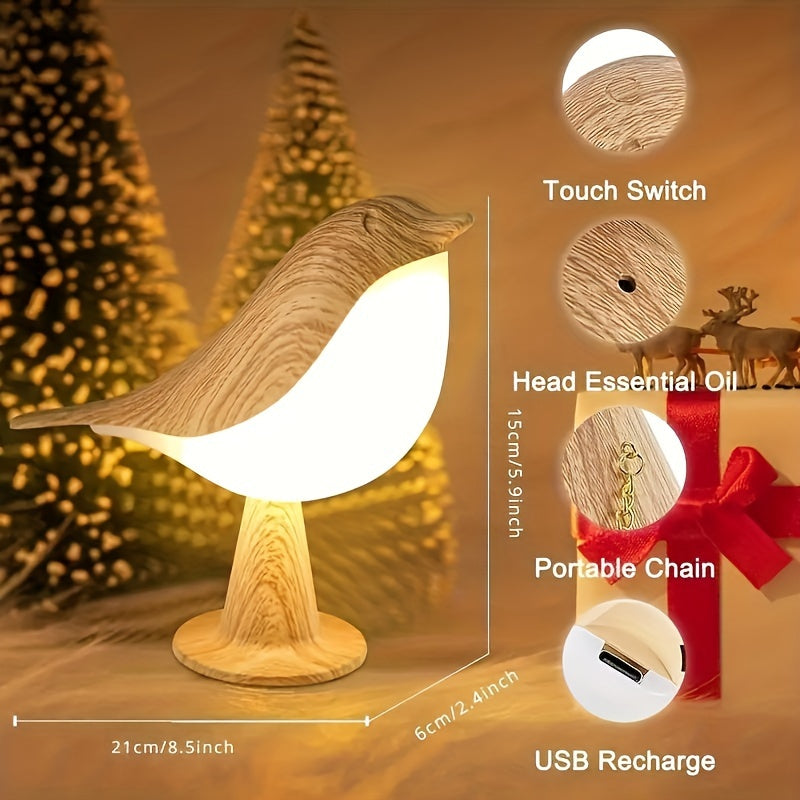 Art Deco bird table lamp with touch control, dimmable plastic shade, and animal theme. Features essential oil diffuser, rechargeable 1800mAh battery, and portable design. Ideal for bedroom, office, and home decor. Perfect for reading and holiday gifts.