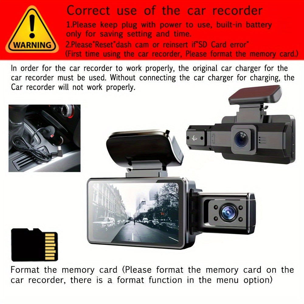 Dual lens dash cam for cars with 7.62cm screen, loop recording, night vision, and wide angle car video recorder.