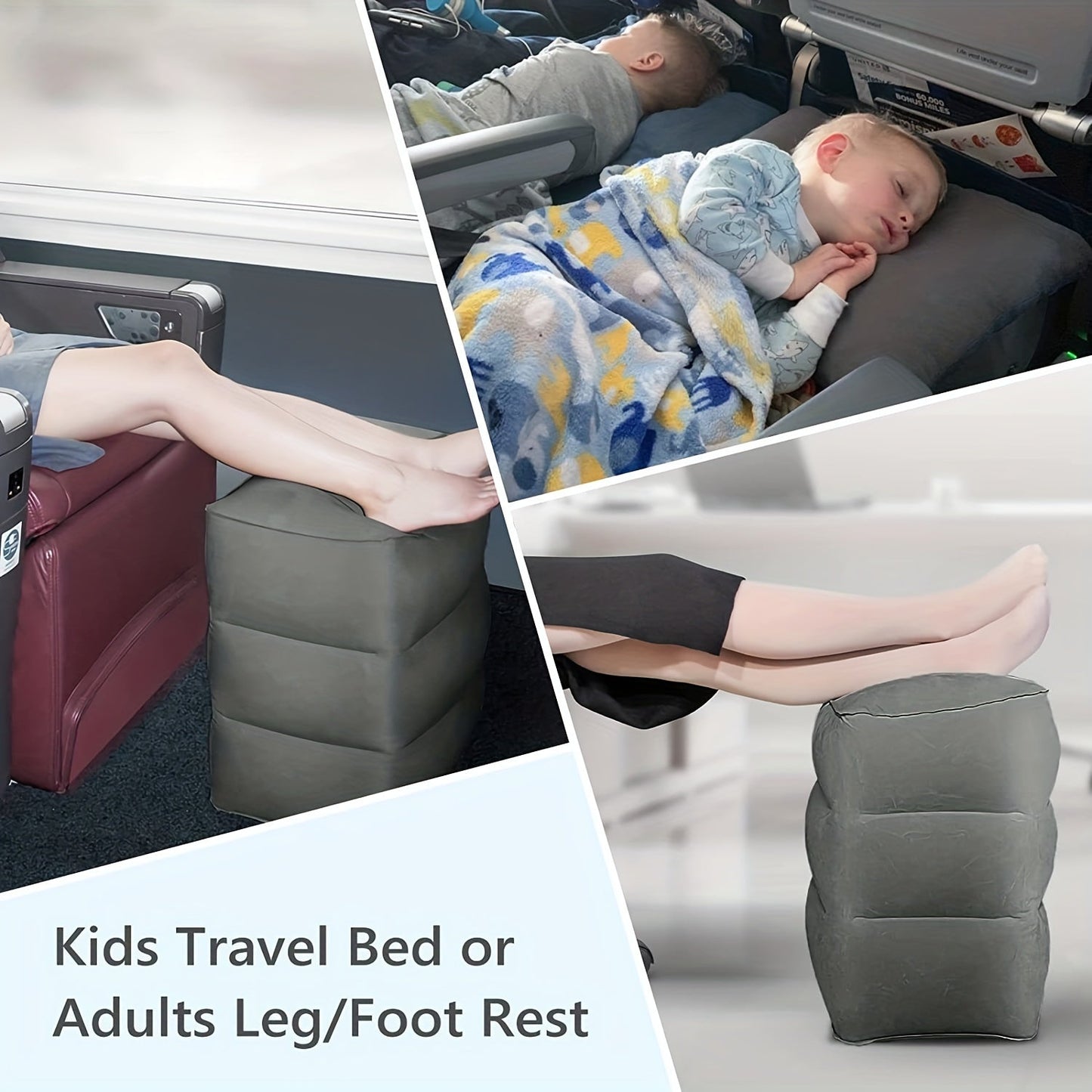 Inflatable Flocking PVC Footstools with a variety of uses such as airplane ottomans, train and car leg rests, and office nap feet cushions.