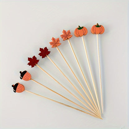 50 bamboo cocktail picks for appetizers and fruit skewers, featuring decorative leaves, pumpkins, and acorns. Perfect for Thanksgiving, Halloween, Christmas, Easter, and parties.