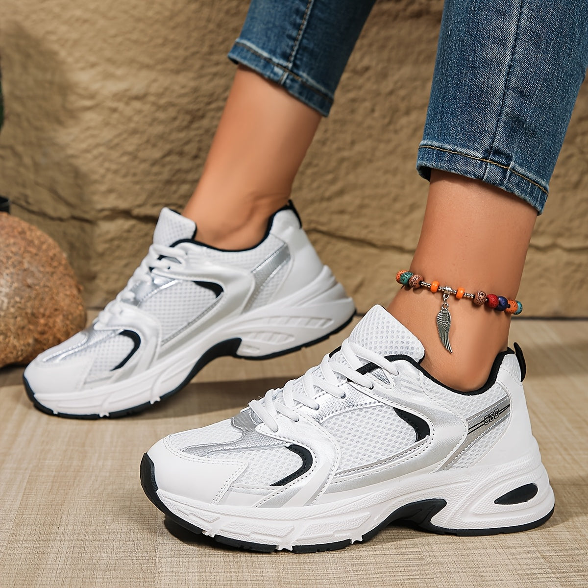 Women's Breathable Mesh Fashion Sneakers with Fabric Insole and Rubber Sole for All-Season Sports.