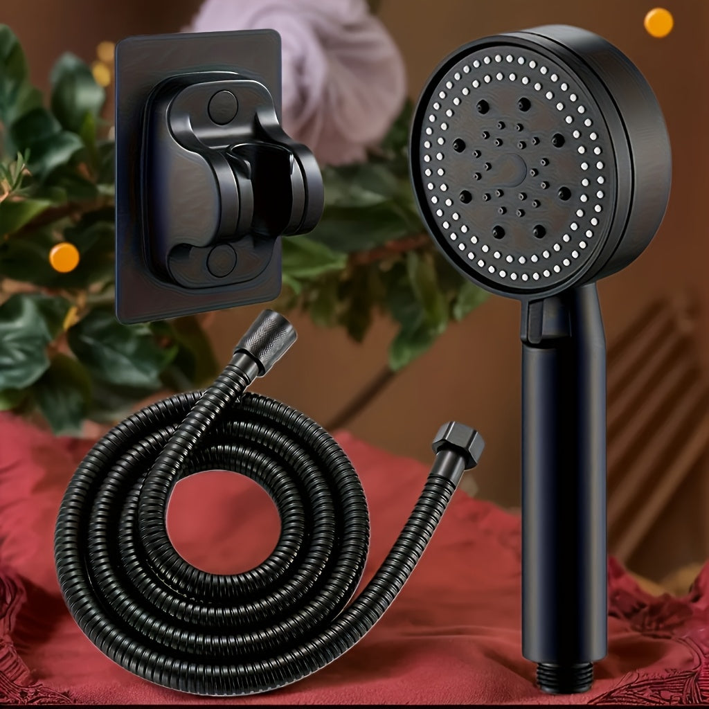 Handheld shower head with 5 water flow modes, bracket, hose, and five golden accessories.