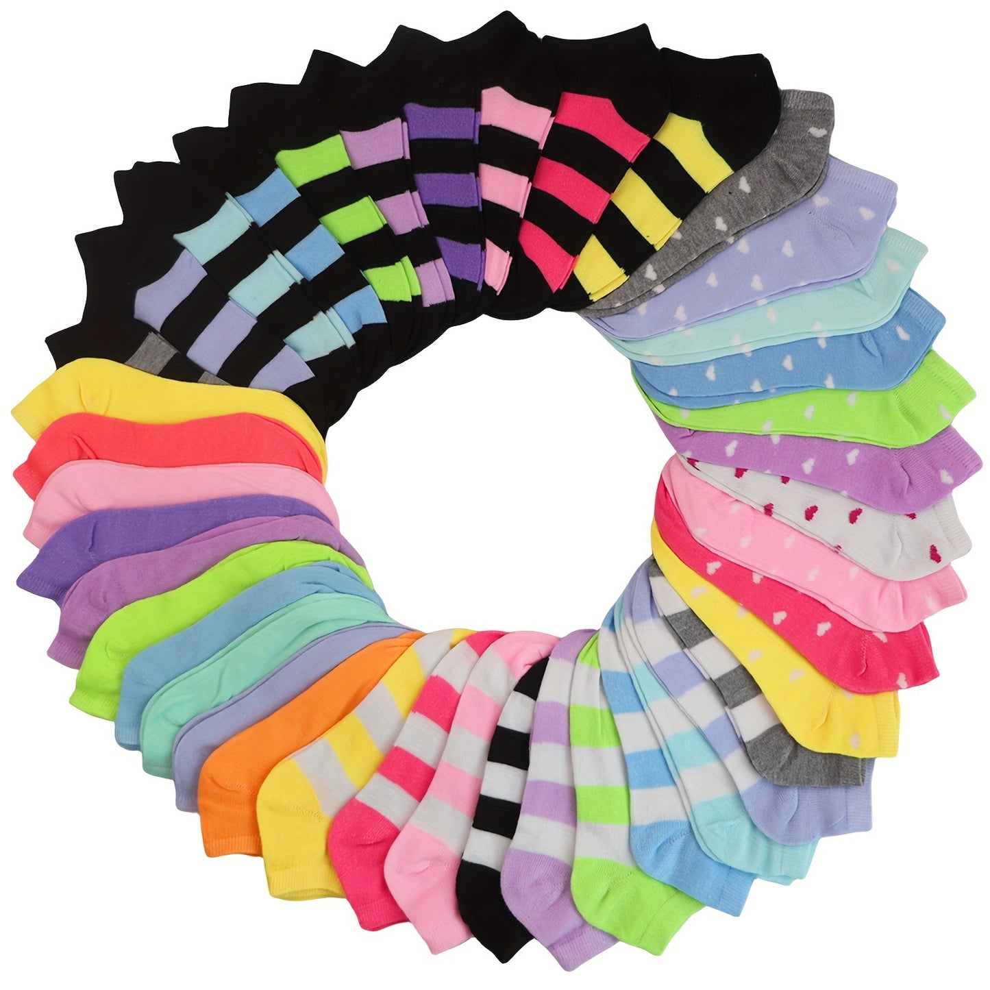 20 women's ankle socks in candy-colored heart and stripe patterns made of breathable polyester blend with ribbed detail, suitable for everyday casual wear.