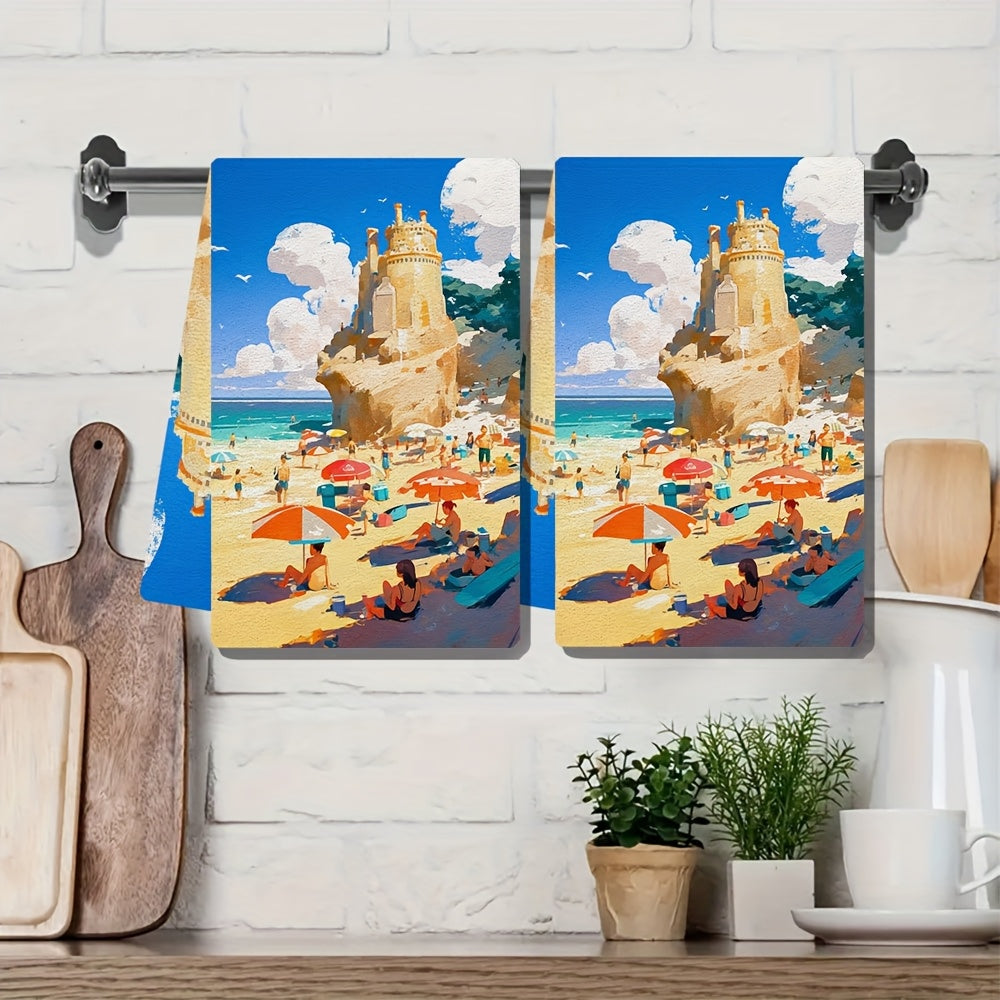 2 pieces of ultra soft kitchen towels, perfect for a day spent at the beach building sandcastles and swimming. These highly absorbent dish hand towels are ideal for holiday decor. Machine washable and measuring 16x24 inches. Item number: 2KYSMF1214209