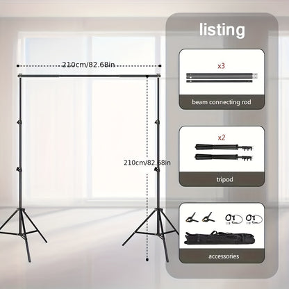 Adjustable, durable, and portable photography backdrop stand with 1pc 7x7ft or 7x10ft size, includes 2pcs spring clamps, 2pcs plastic clamps, and carrying bag. Stable design for portrait