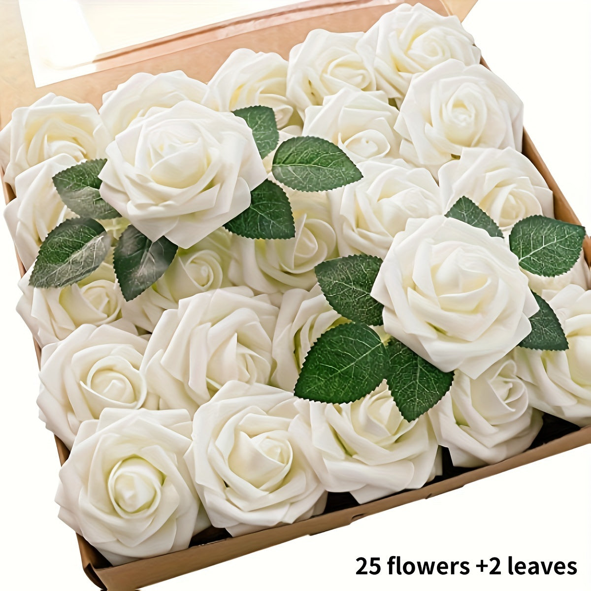 27 artificial ivory foam roses with stems and leaves, ideal for DIY wedding bouquets, bride gifts, centerpieces, and party tables.