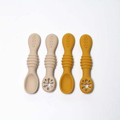 4-piece Silicone Feeding Set for Kids - Soft, Chewable Spoons in 3 Styles - Ideal for Self-Feeding Practice & Holiday Gifts