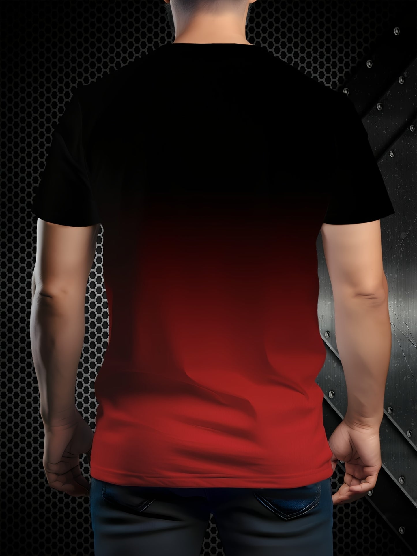 Casual short sleeve men's t-shirt with 3D Milano Italy print in red and black gradient, made of breathable polyester blend, ideal for summer outdoor activities. Machine washable.