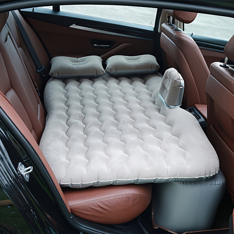 PVC self-inflating air mattress for vehicle rear seat, single person, includes stuff pouch, no repair kit required.