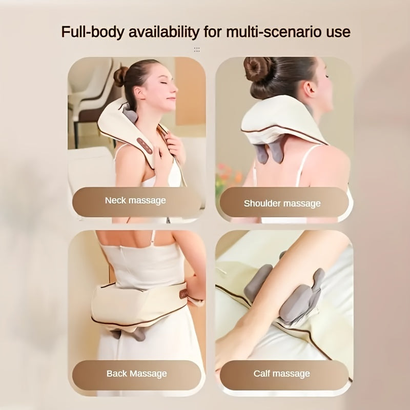 Wireless massage device with adjustable strength and heat compress for shoulder and neck relief, suitable for home and travel.