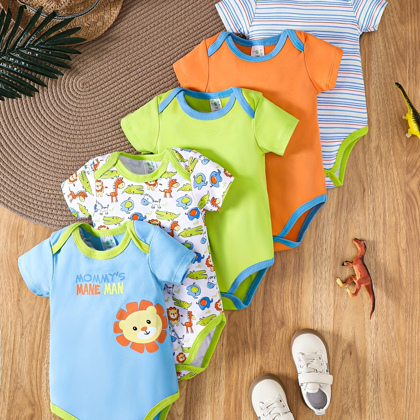 5pcs Baby Boy Cotton Romper Set featuring Cute Animal Patterns & Stripes. Machine washable, Summer-Ready with Round Neckline, Vibrant Colors. Perfect for outdoor activities.