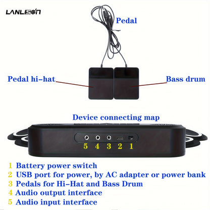 Roll-up electronic drum set with 9 practice pads and built-in speakers, includes drum pedals, drum sticks, and 10-hour playtime.