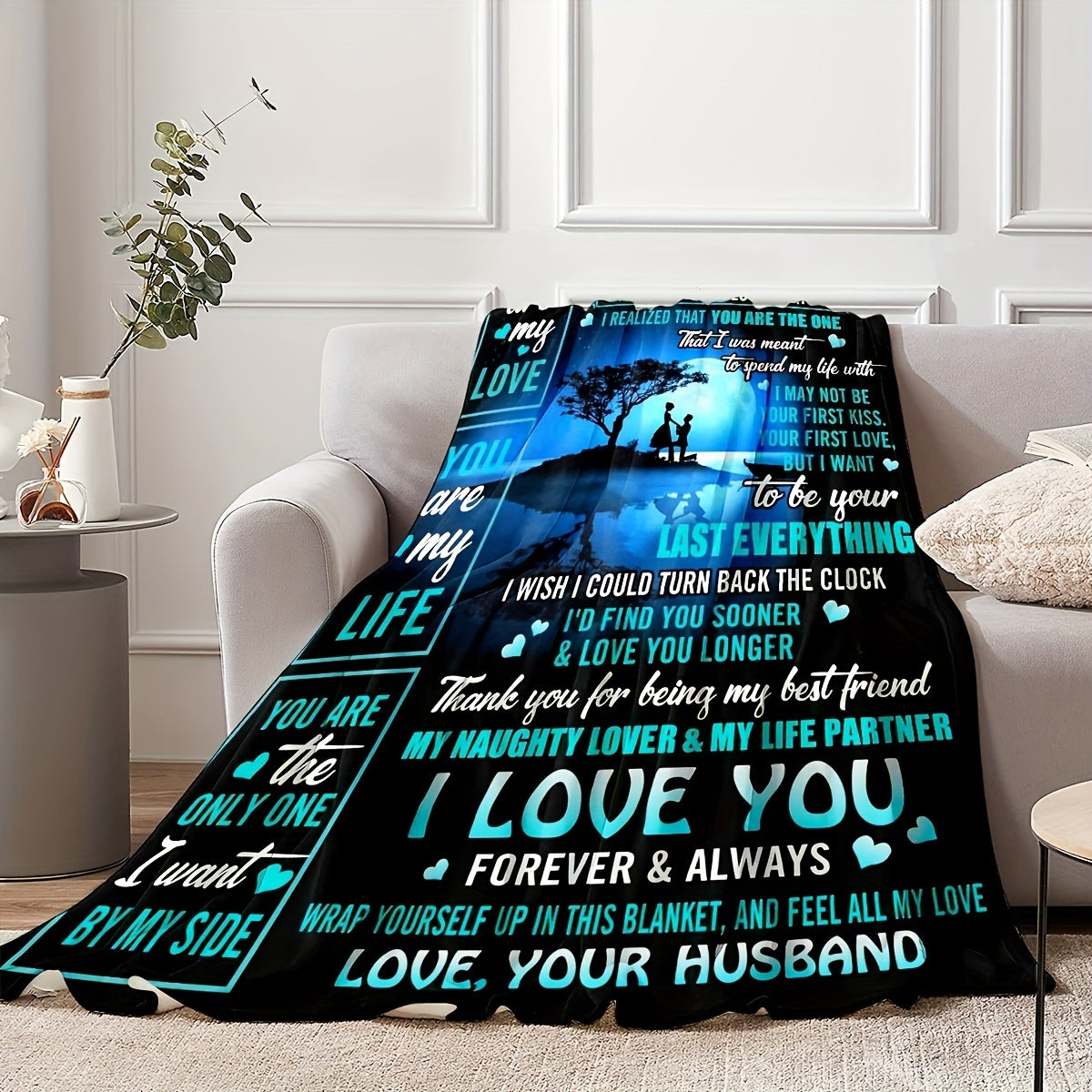 A cozy gift for wife from husband, this night sky blanket features love quotes. Perfect for snuggling up on the sofa or bed, this soft plush throw blanket is a thoughtful gesture.