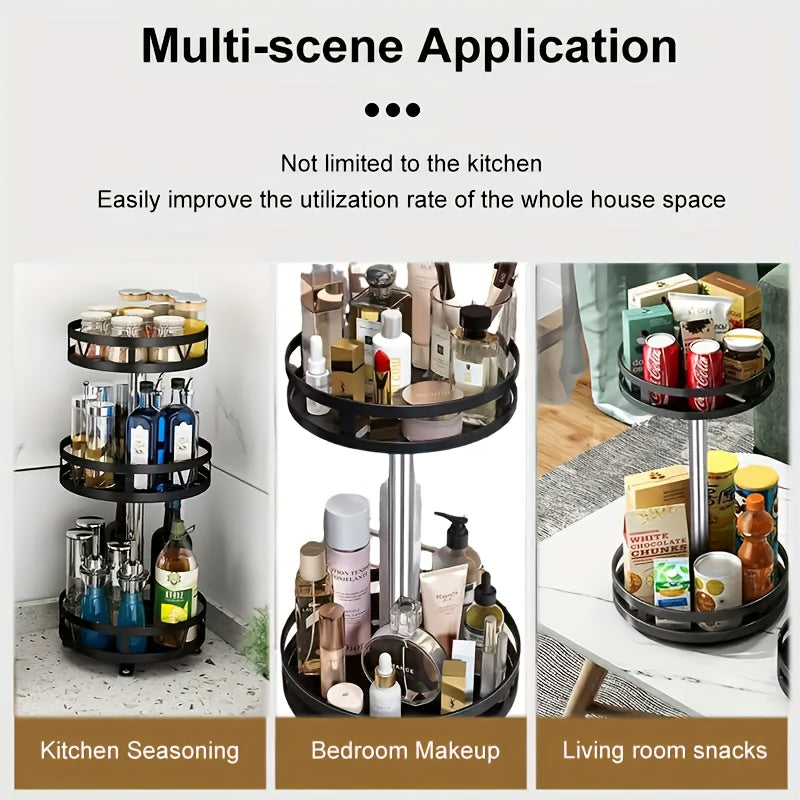 A versatile kitchen storage rack that rotates 360 degrees, perfect for organizing seasonings, oils, salts, sauces, vinegars, and condiment jars.