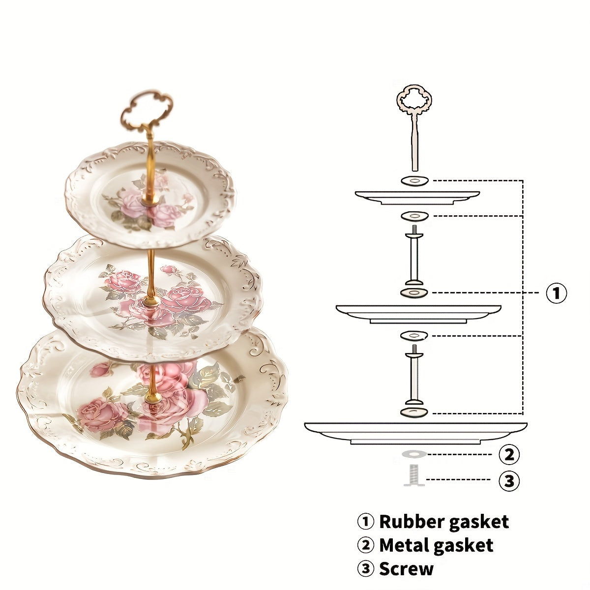 European-style 3-tier ceramic dessert stand featuring an embossed flower design and a sturdy metal bracket. Safe for food contact and does not require electricity. Perfect for weddings, holidays, birthdays, and tea parties.