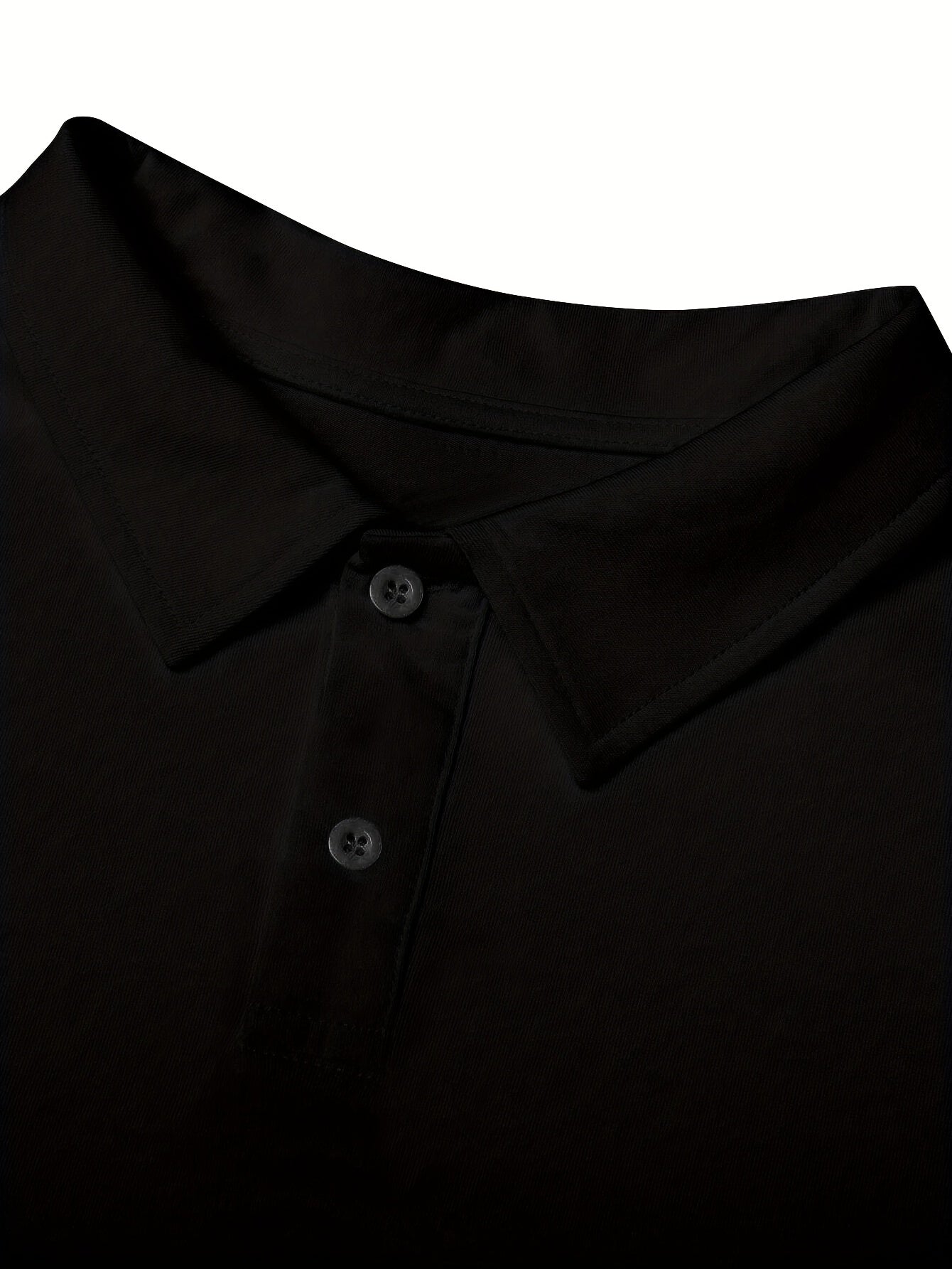 Men's Black Short Sleeve Shirt in Polyester Knit, Regular Fit with White Collar and Pocket, Ideal for Golf or Semi-Formal Wear.