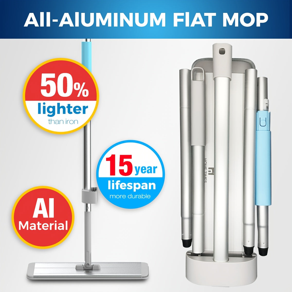 Home Times presents the Aluminium Collapsible Mop, a versatile flat mop designed for floor cleaning. This wet and dry sweeper dust mop comes with 2 mop refills, an extendable handle, and is ideal for use on hardwood, tiles, laminate, and vinyl floors.