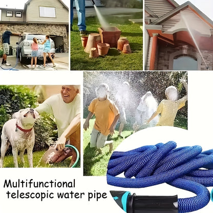 YIJU Expandable Garden Hose with High-Pressure Spray Nozzle & Multi-Thread Connectors - Available in 22.86m, 15.24m, and 7.62m Lengths, Blue Rubber Design for Cleaning, Washing, and