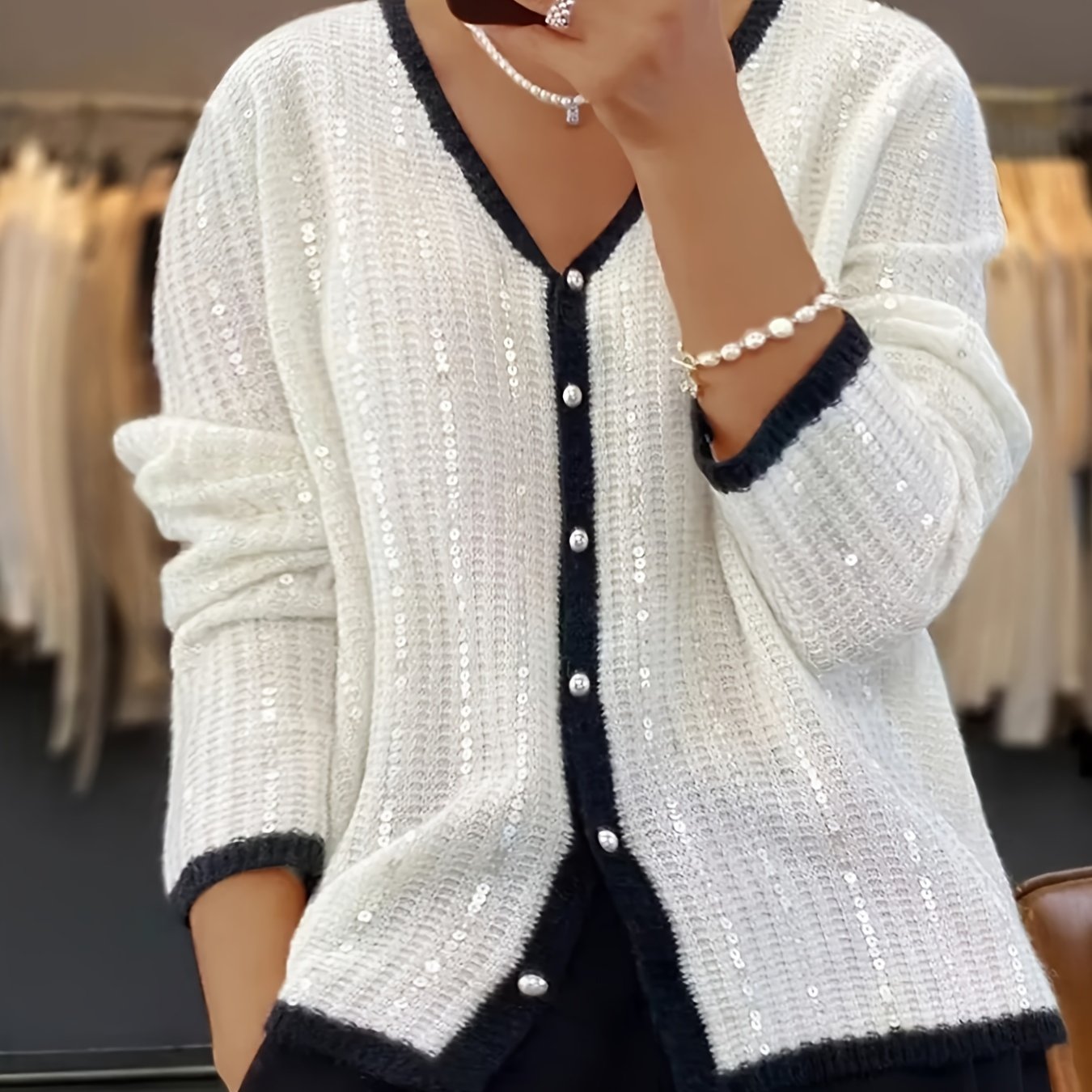 Stylish beaded knit cardigan for women - cozy, casual design in solid color, ideal for autumn/winter.