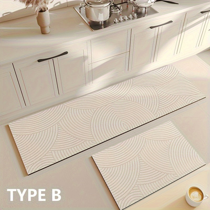 Set of 2 Minimalist Nordic Style Diabetic Earth Carpets in Sizes 50*80cm and 50*160cm. These Household Absorbent Kitchen Striped Floor Mats are 3.5mm thick and provide an anti-slip surface for long-lasting use.