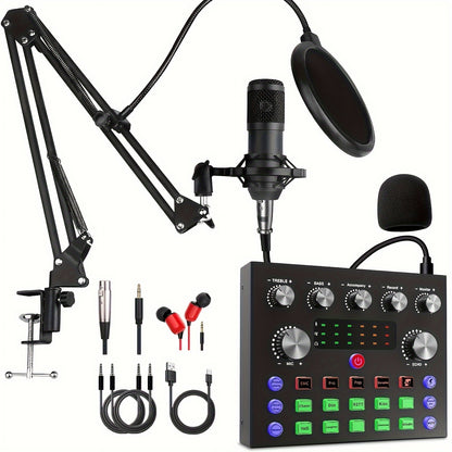 Podcast studio kit with audio interface, mixer, and microphone for high-quality recording. Compatible with PC, laptop, and smartphones. Ideal for podcasting, music production, and live