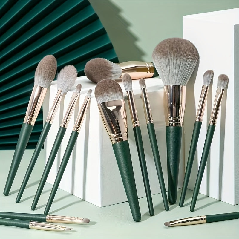 14-piece luxurious green brush set for full face and eye detailing, perfect for foundation, contouring, and blending.