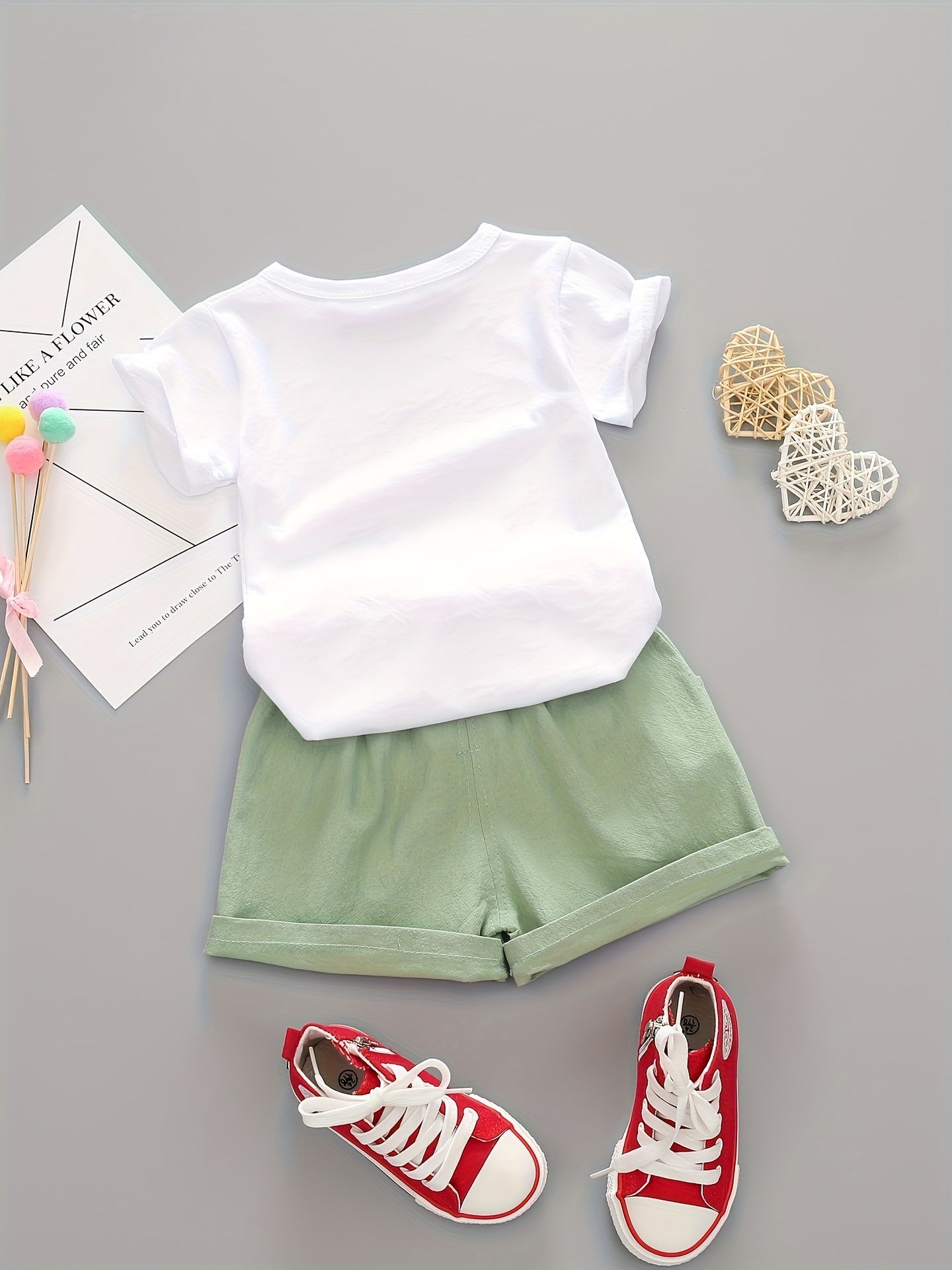 Baby girls summer 2-piece cotton set with watermelon pattern tee and casual shorts.