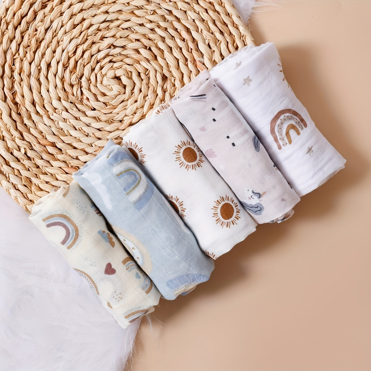 Introducing the versatile Bamboo Muslin Swaddle Feeding Burp Cloths Set, featuring 5 pieces measuring 59.99*59.99cm each. These super soft cloths can be used as face towels, hand towels, and even as bibs, adorned with a colorful rainbow and animal print