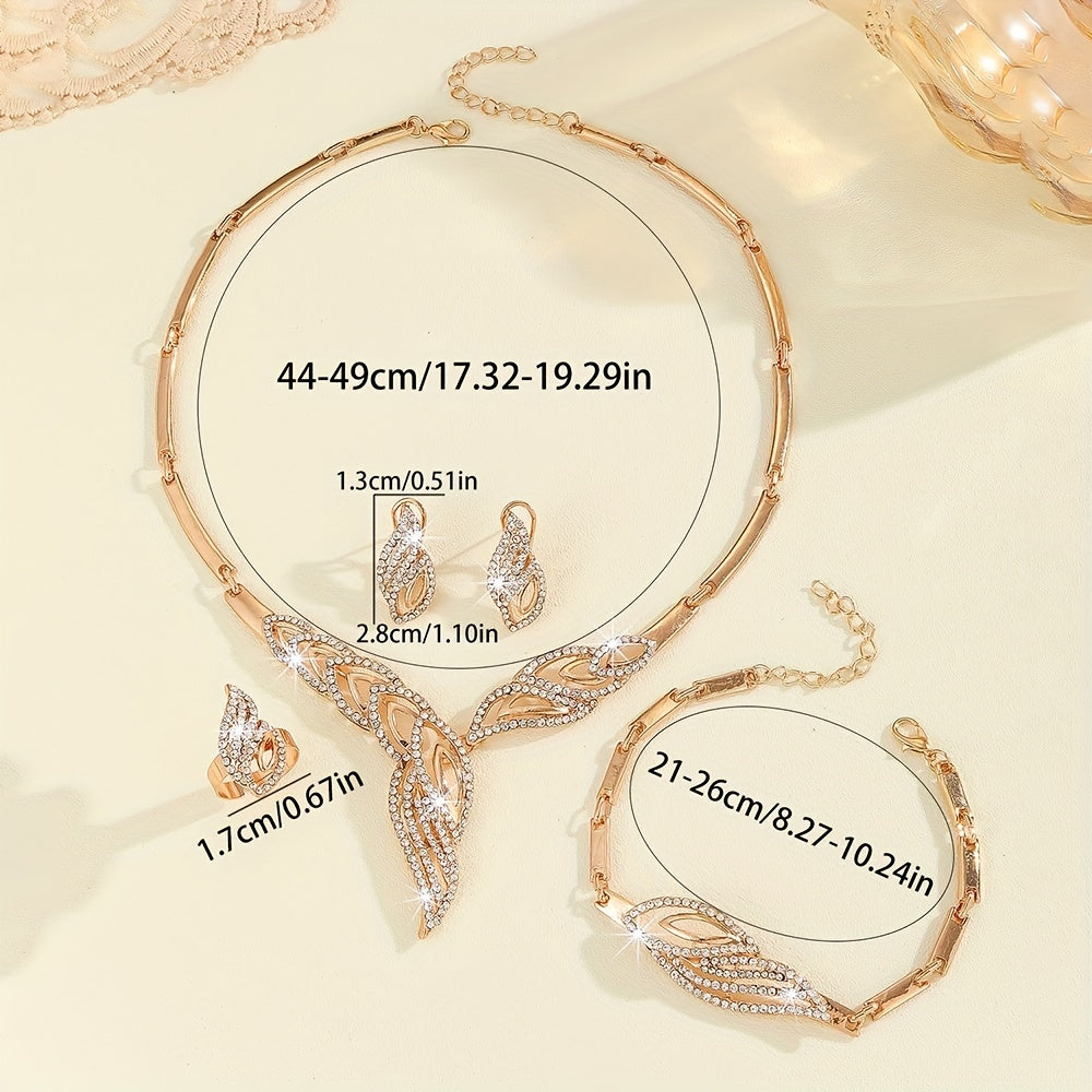 Beautiful and elegant jewelry set includes earrings, necklace, bracelet, and ring, all plated with 14k gold and adorned with sparkling rhinestones. Perfect for adding a touch of luxury to any party outfit.