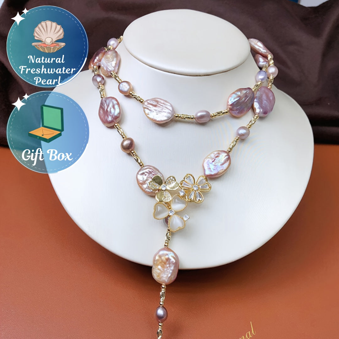 Stylish Baroque Butterfly Clasp Necklace with Freshwater Pearls - Multi-functional 14-15mm Sweater Chain, Timeless Vintage Design for Any Occasion