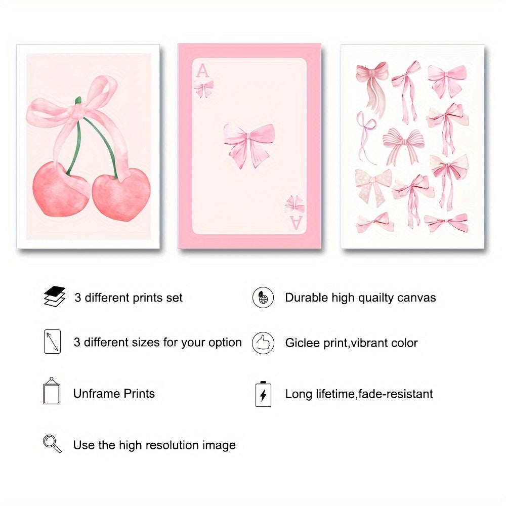 Set of 3 unframed pink cherry bow posters, ideal for home decor in living room, bedroom, girl room, dorm, or college apartment. Great gift idea.