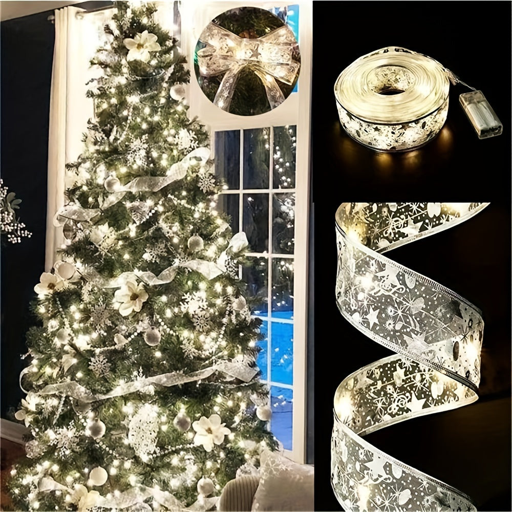 Choose from 2m/78.74" to 10m/393.7" lengths of battery-powered LED fairy lights with golden Christmas ribbons and bowknots for tree, home, and party decor, ideal for Halloween, Christmas, and weddings.