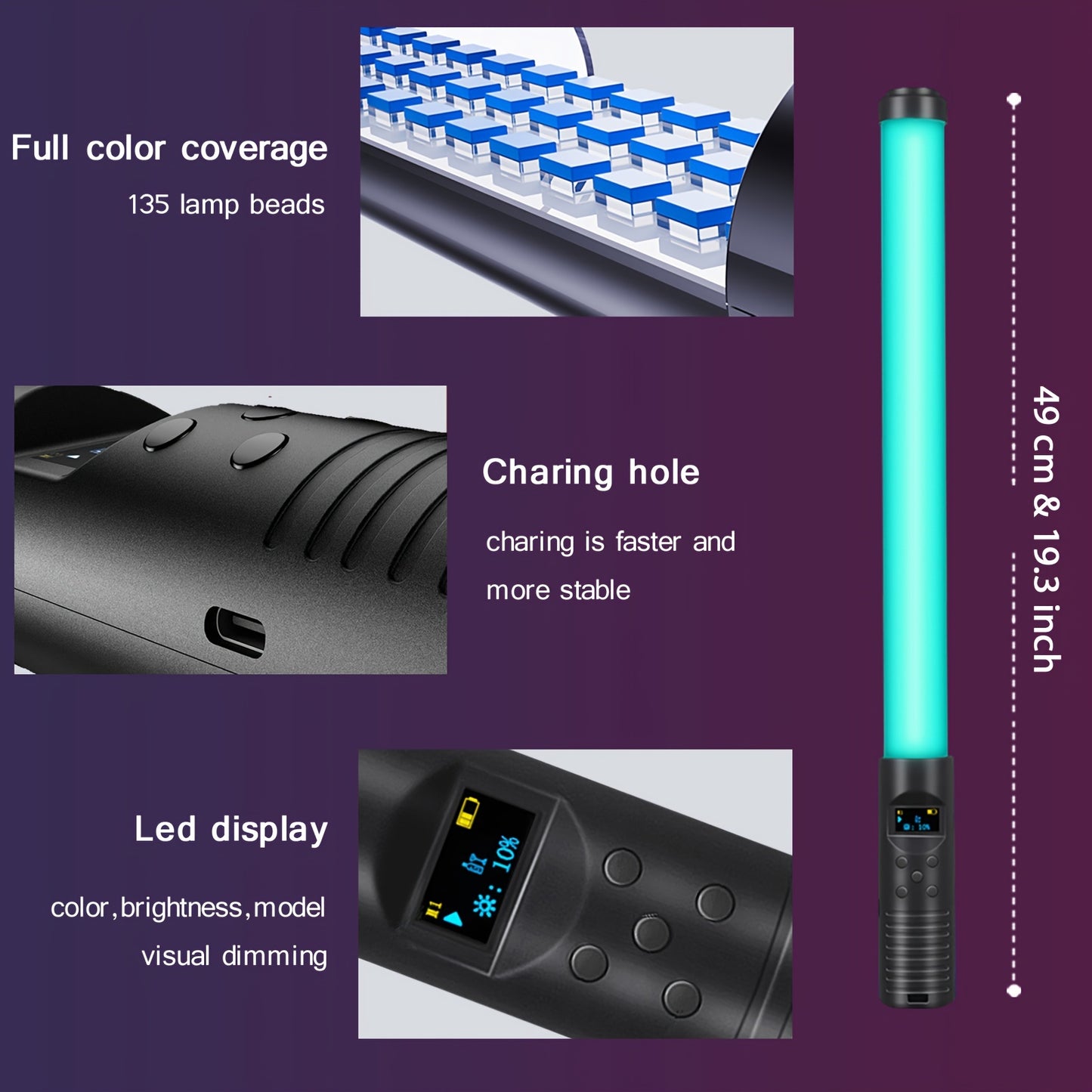 Handheld RGB video stick light with adjustable color temperature and CRI 95+, built-in battery, tripod stand, and dimmable panel for various uses.