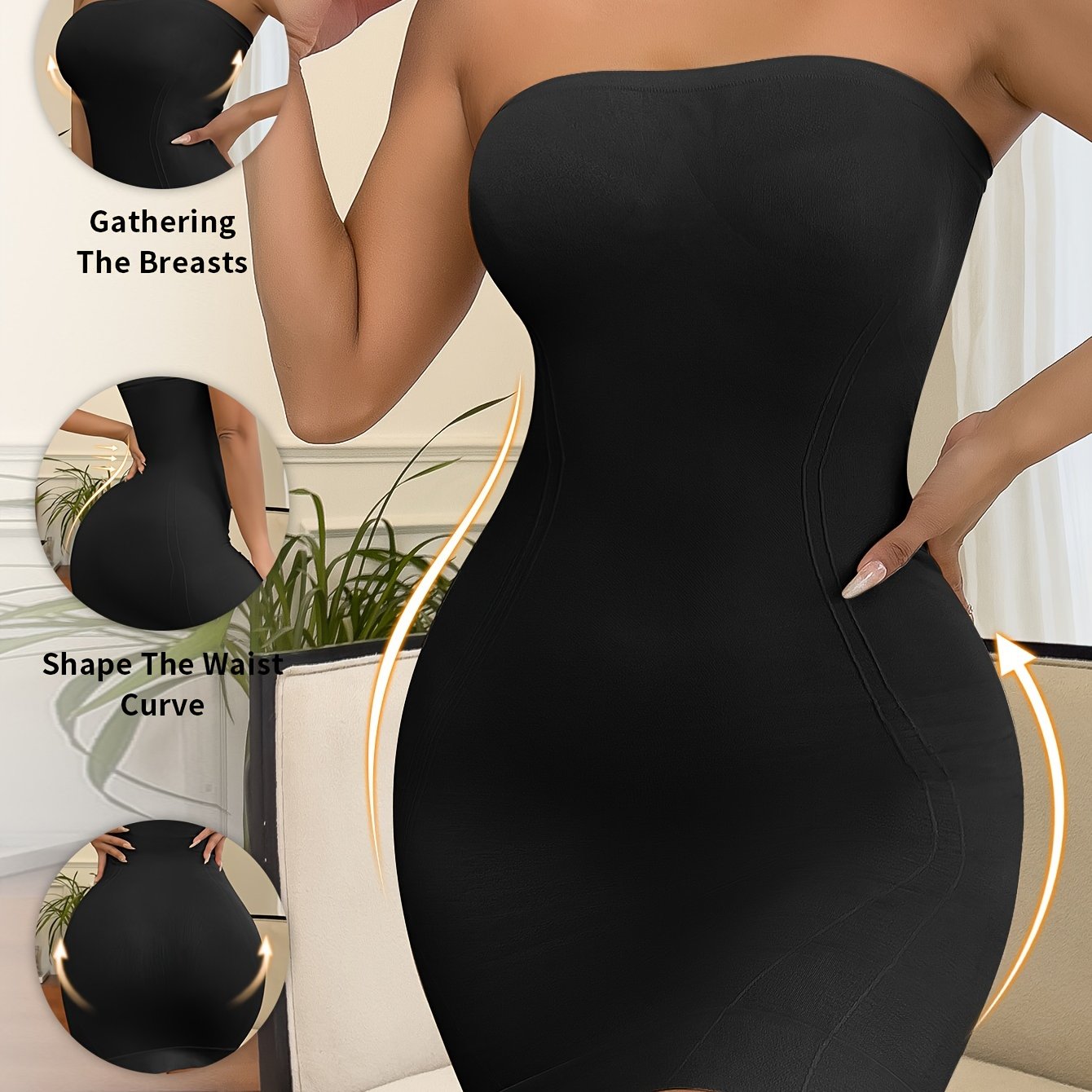 Women's shapewear bodysuit dress with seamless nylon knit for slimming and lifting, lightweight fabric.