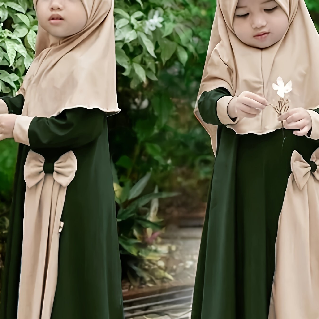 Eid Al-Adha Little Girl's Dress & Headscarf Set with Bowknot Design