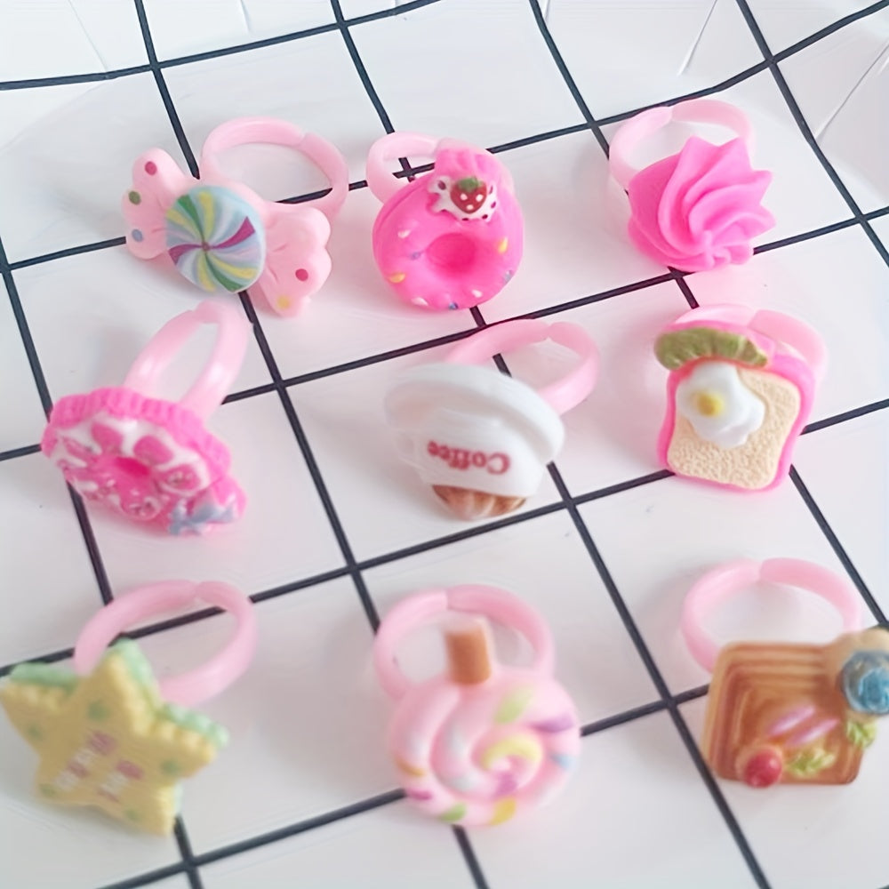 Set of 10 adorable resin rings for girls, ideal for gifting