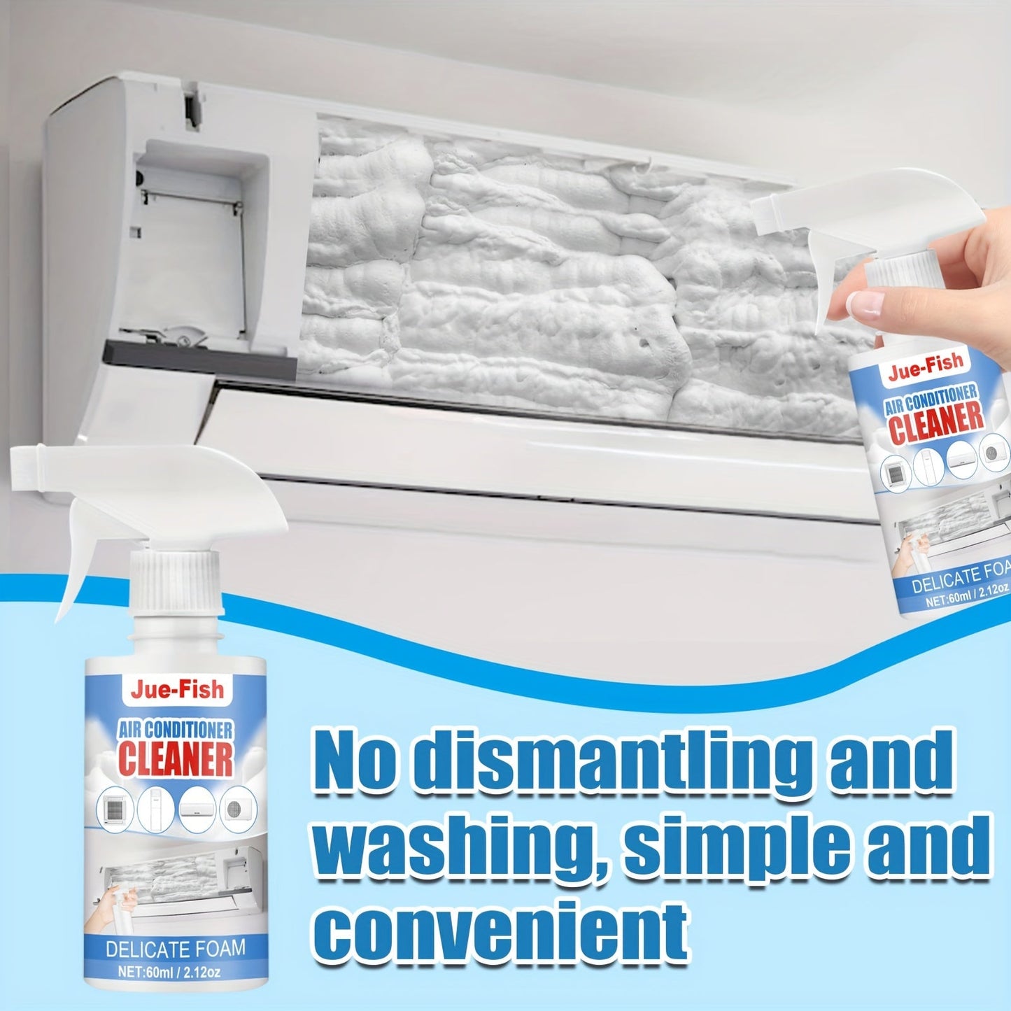 Household air conditioning and cabinet cleaner featuring a no-residue liquid formula infused with Limonene for effective decontamination and deodorization. Ideal for cleaning and creating bubble-based freshness.